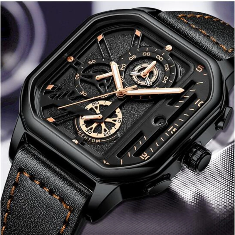 NEKTOM 2022 New Watches Square Sport Mens Watches Waterproof Full Leather Quartz Gold Clock Man Watches Luminous Wristwatch