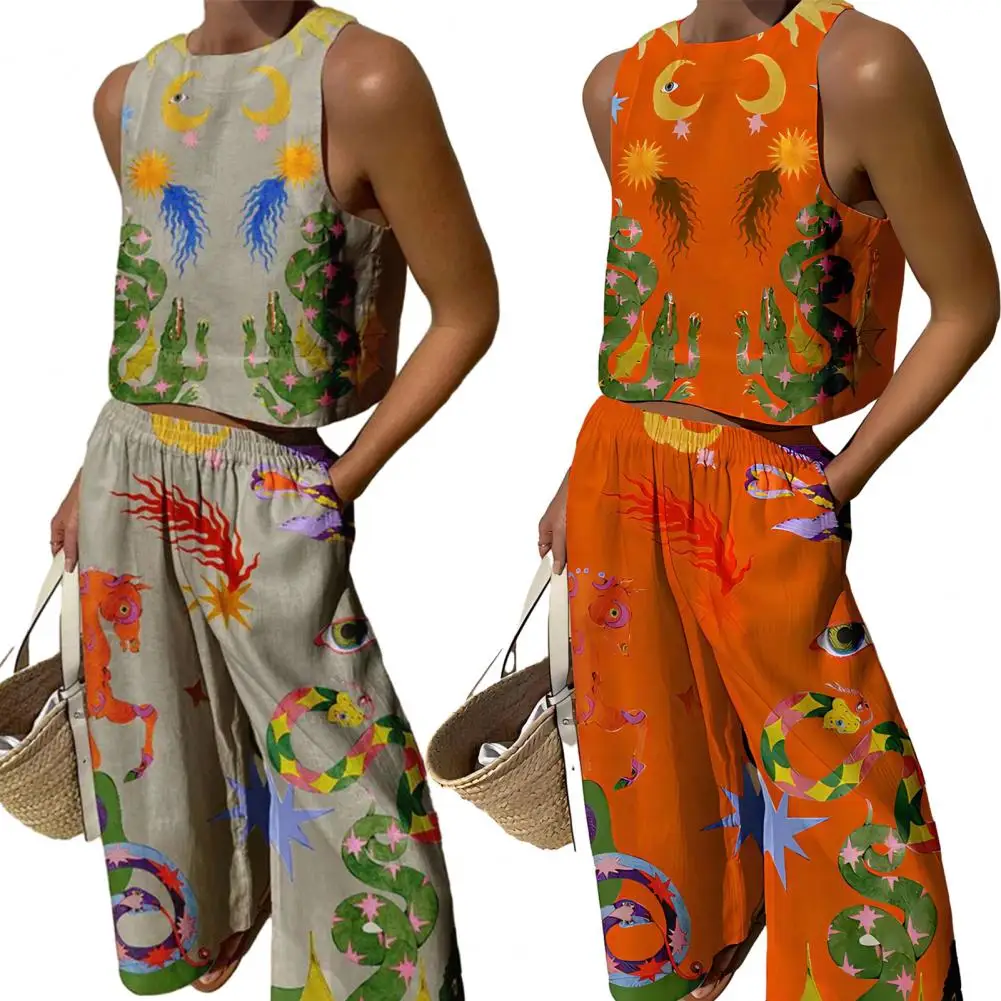 

Женский летний комплект из топа и брюк, укороченный топ с эластичным поясом, жилет без рукавов с круглым вырезом и длинные широкие штаны