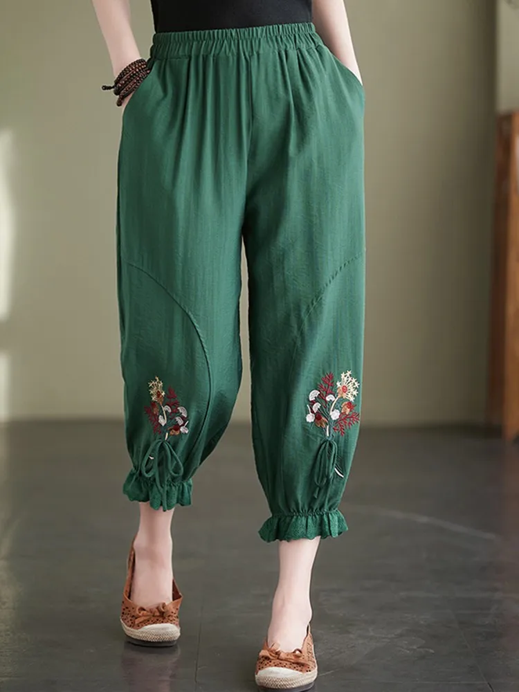 

Elastic High Waist Pocket Vintage Floral Embroidery Casual Loose Summer Bloomers Pants Women Trousers 2023 Harem Woman Pants