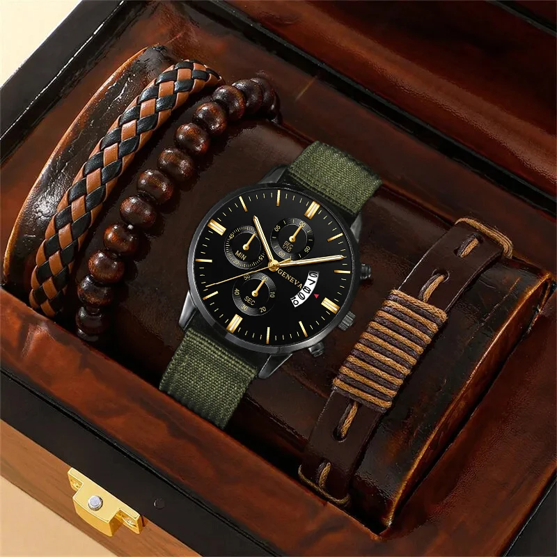 

4PCS Set Fashion Mens Business Calendar Watches Men Hand Rope Luxury Man Sport Casual Nylon Strap Quartz Watch Reloj Hombre