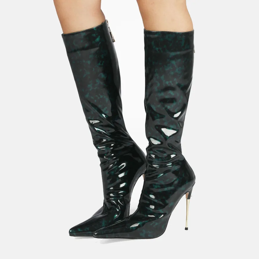 

Arden Furtado spring autumn Women pointed Toe Stilettos Heels 12cm Knee high boots fashion Back zipper metal heels boots 41 42