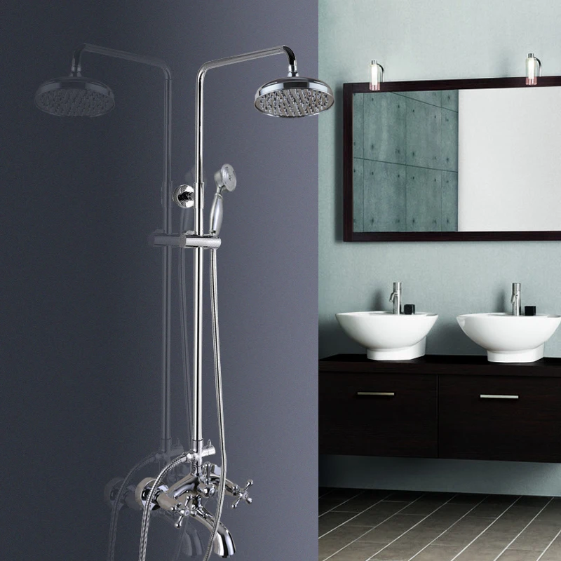 

Polished Chrome Wall Mounted Bathroom Rain Shower Faucet Set Dual Cross Handle Tub Tap + Hand-Held Shower Head acy355