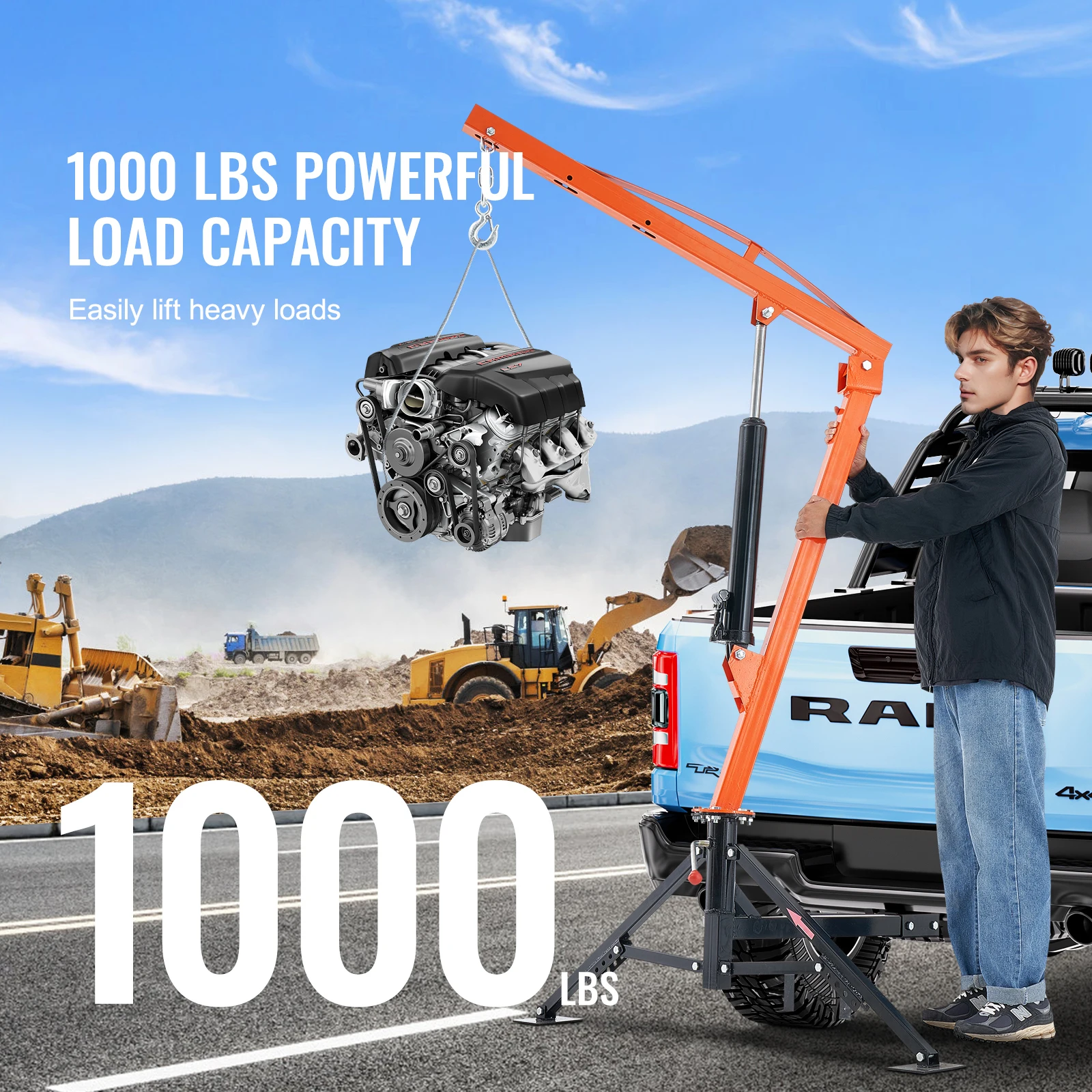 SucceBuy 1000lbs Hydraulic Pickup Truck Crane 360° Swivel Hitch Mounted Crane Hoist with Three Boom for Lifting Goods in Factory