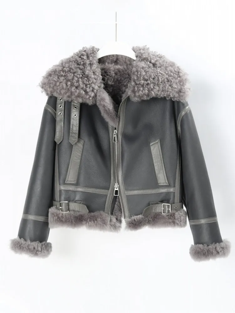 Winter Womens Shearling Coat Warm Wool Liner Genuine Leather Motorcycle Jacket High Quality Streetwear Real Fur Short Overcoat