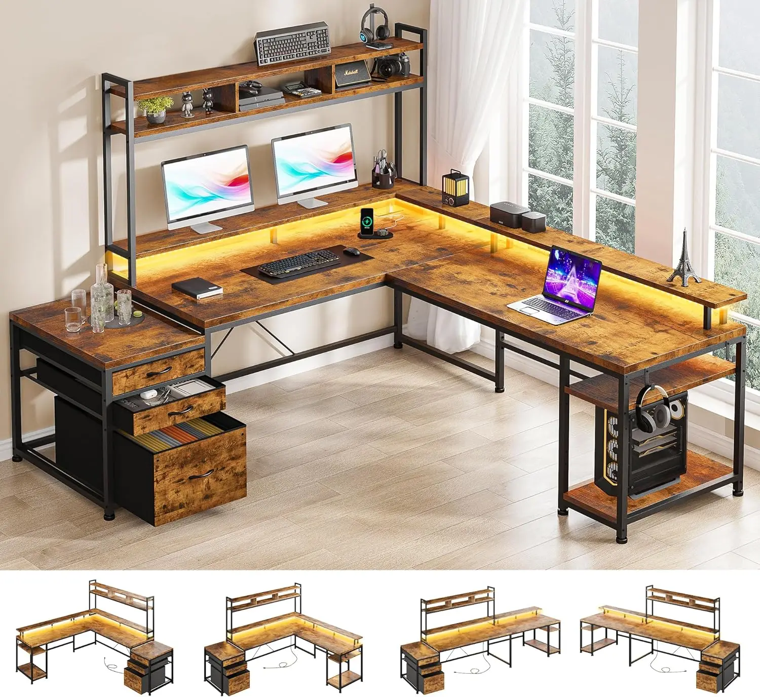 

Drawers Reversible Shaped Gaming Desk with LED & Shelf Gaming Desk with Monitor Stand Power & Outlet Wide Home Office Desks