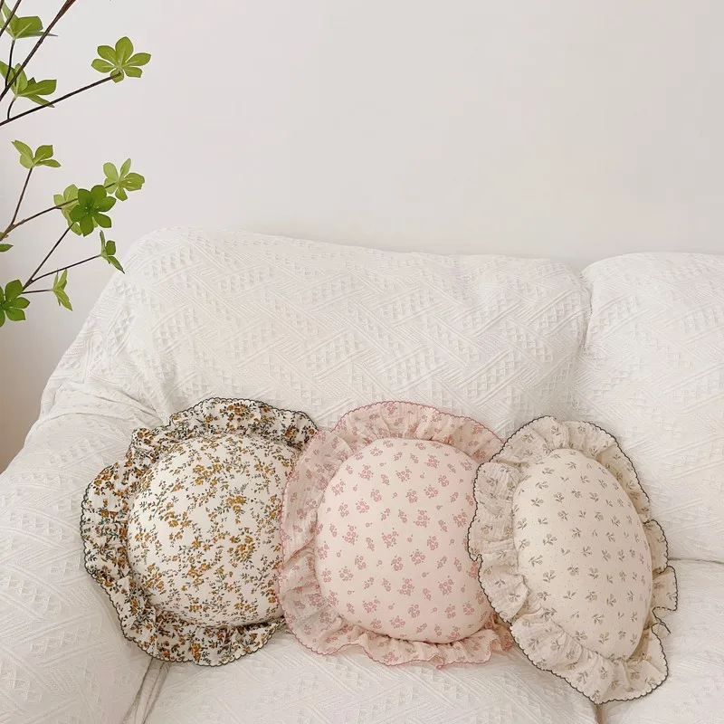 Korean Floral Cotton Round Baby Pillow With Ruffles Muslin Kids Cushion Baby Newborn Bedding Pillows Cushions Room 4