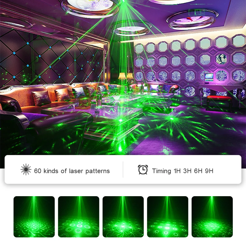 USB Laser Party Light Mini 60 Patterns Projector Remoter Sound Activated Disco Christmas Holiday Decoration