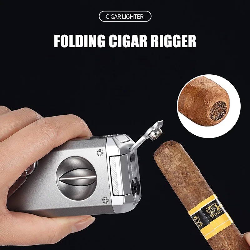 Four Blue Flame Rocker Cigar Lighter V-Cigar Cutter Cigar Rig Anti-Hot Fork Visual Gas Window Multi-Function Ignition 3