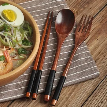 Ensemble de couverts japonais en bois réutilisables, 3 pièces, baguettes à sushi, cuillère, antidérapant, vaisselle de voyage, outils de cuisine