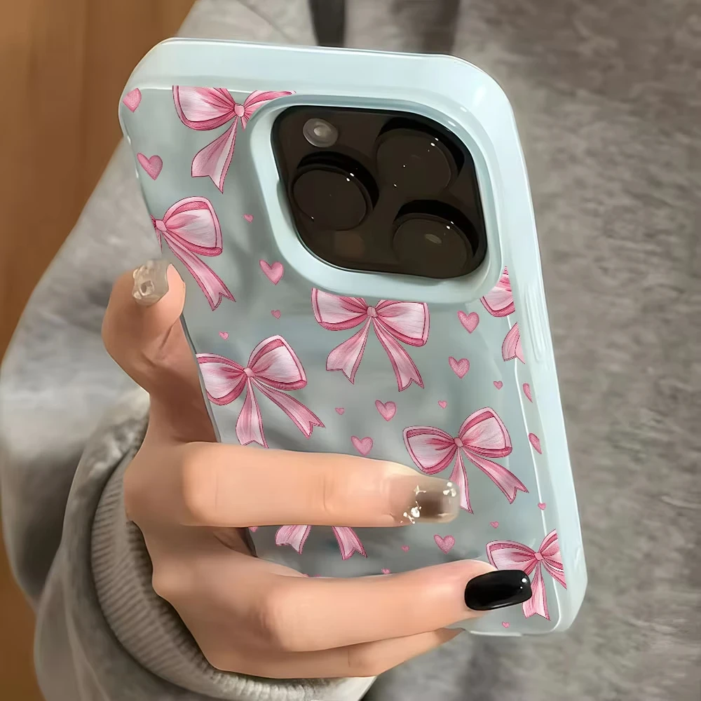 Elegant Pink Bow Heart Pattern Wave Texture Phone Case - Soft Back Cover
