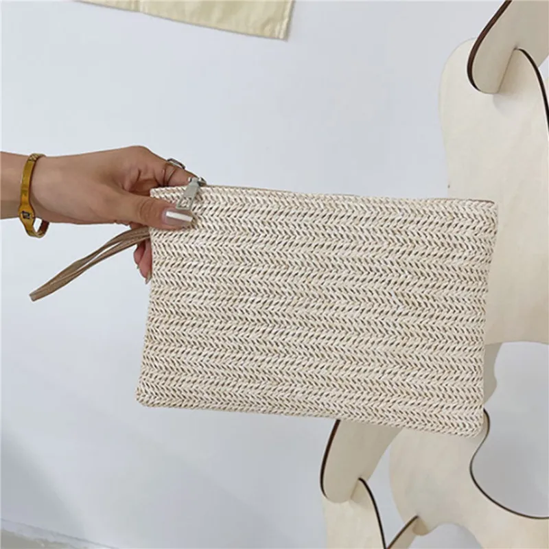 Clutch Bag for Women Handmade Backpack Fashion Ladies Wristlet Girl Phone Solid Straw Woven Coin Purse Beach Wallet Fresh Sweet - 6