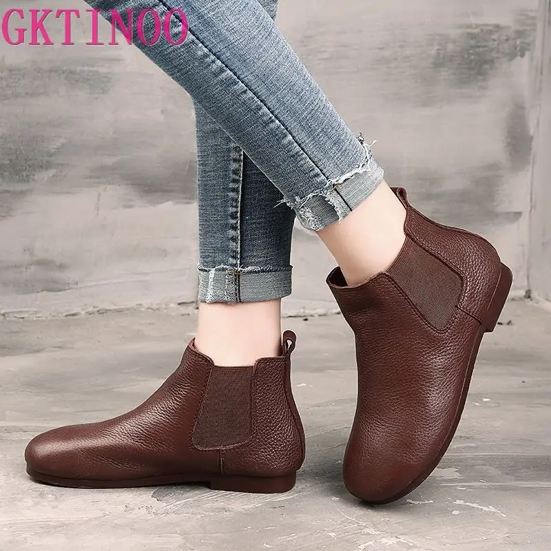 

GKTINOO Autumn Winter Genuine Leather Flat Ankle Boots For Women Warm Boots Side Zipper Soft Comfortable Cow Leather Botas