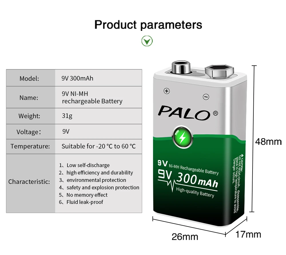 Аккумуляторная батарея крона PALO 300 мАч корона 9 вольт NIMH 6F22 9 ...