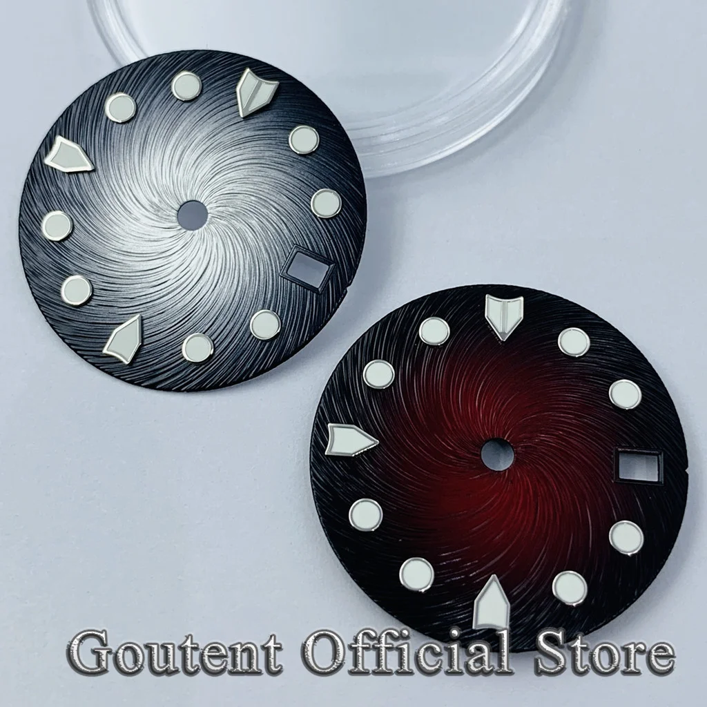 Goutent 28.5mm Green Luminous Sterile Black Watch Dial Fit NH34 NH35 NH35A Movement 3 O'clock Crown 3.8 O'clock Crown