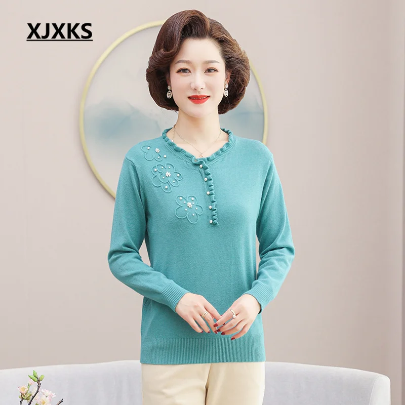 

XJXKS Delicate Beaded Women's Sweater 2023 Spring And Autumn Winter New Loose Oversize Wool Knit Pullover Female Jumper