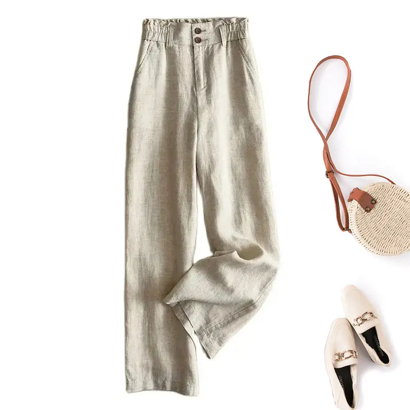 Pantalones holgados de pierna ancha para mujer, ropa básica informal de lino liso, elástica, de cintura alta, hasta el t