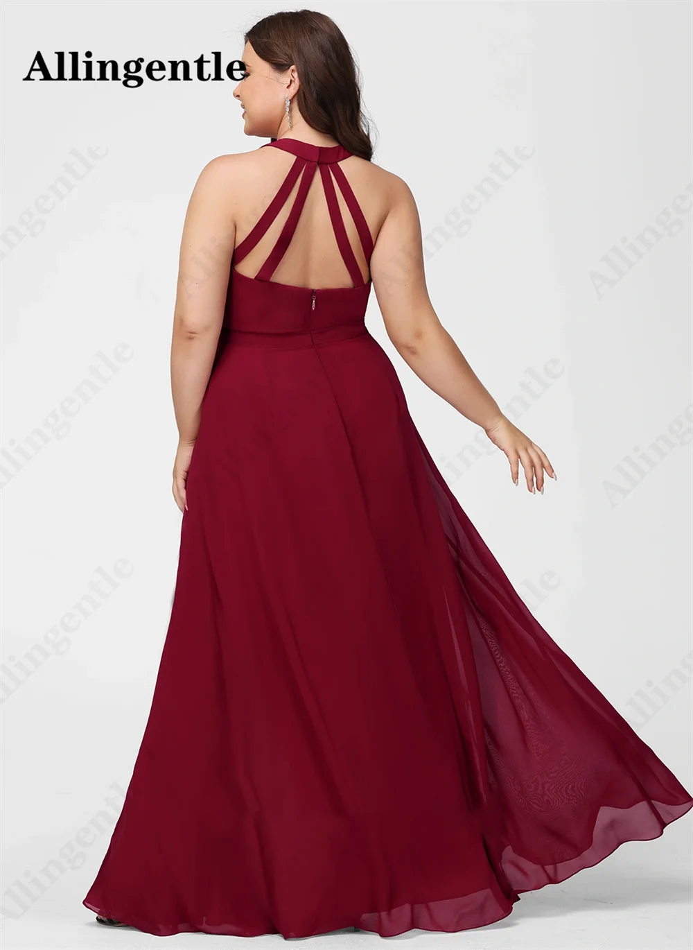 Allingentle Halter V-Neck Bridesmaid Dress for Women 2024 Sleeveless Backless Chiffon Wedding Guest Party Gowns A-Line Side Slit