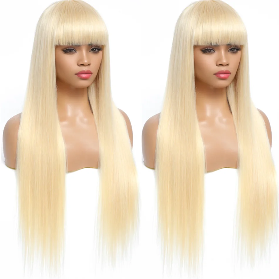 613 Honey Blonde Straight Human Hair Wig With Bangs Remy Hair Fringe Wigs For Women 180%Full Density Machine Made Wig With Bangs 3