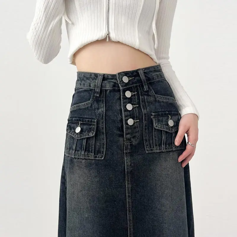 High-waisted Cargo Denim Skirt Women's Autumn Long A-line Mid-length Skirt  Retro Raw Edge Y2k Female Clothing Korean Style 2