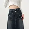 High-waisted Cargo Denim Skirt Women's Autumn Long A-line Mid-length Skirt  Retro Raw Edge Y2k Female Clothing Korean Style 2