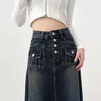 High-waisted Cargo Denim Skirt Women's Autumn Long A-line Mid-length Skirt  Retro Raw Edge Y2k Female Clothing Korean Style 2