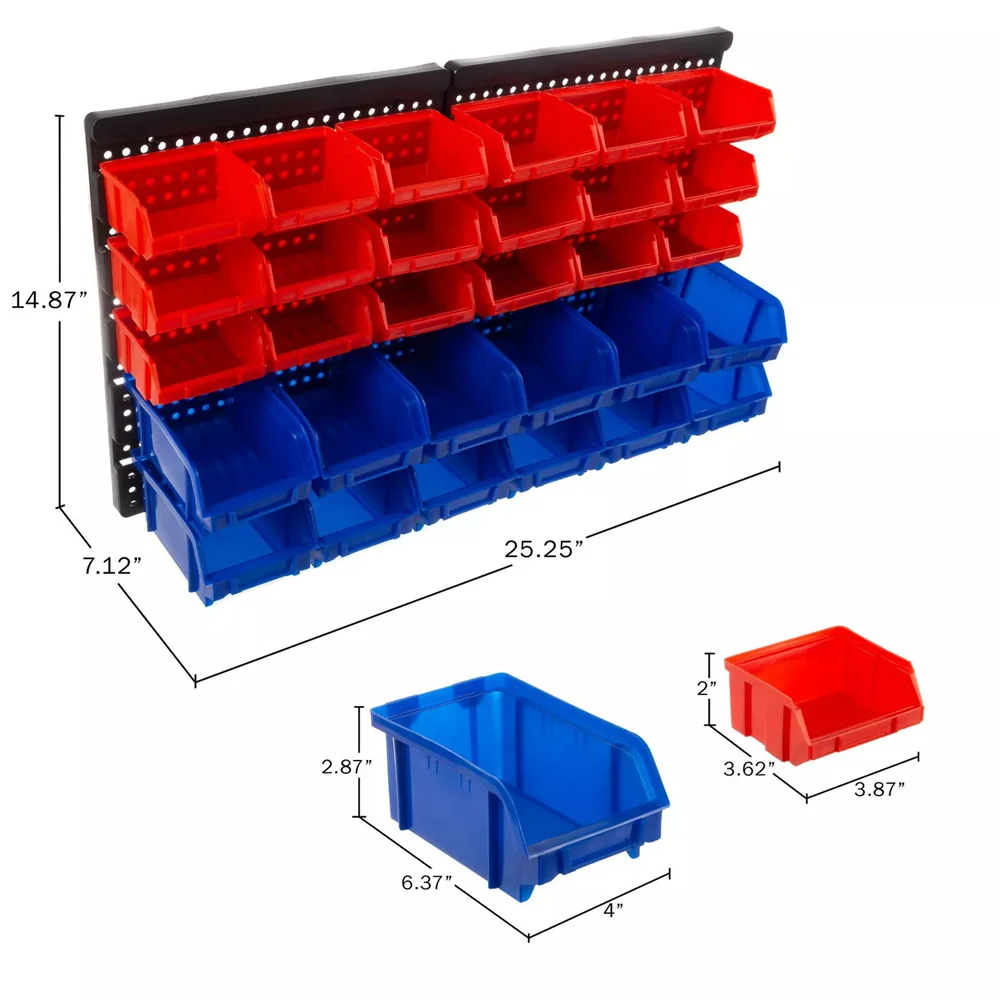 Wall Mounted Storage Bins 30-Bin Parts Rack Organizer Garage with Wall Panels Hooks Plastic Shop Tool for Screw Nails