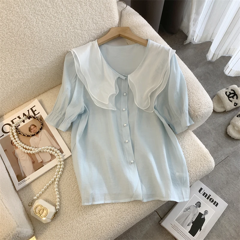 

Chiffon Short Sleeve Shirt New Korean Vintage Double Layer Doll Collar Spliced Short Sleeve Shirt Temperament Top Korean Dongmen