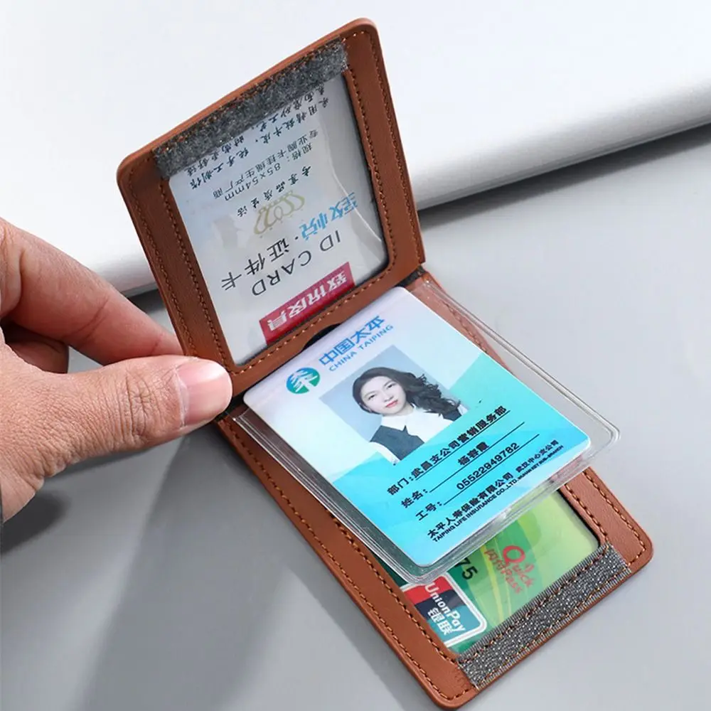 PU Leather ID Card Holder with Card Slots Tri-fold Badge Holder Transparent Card Holder