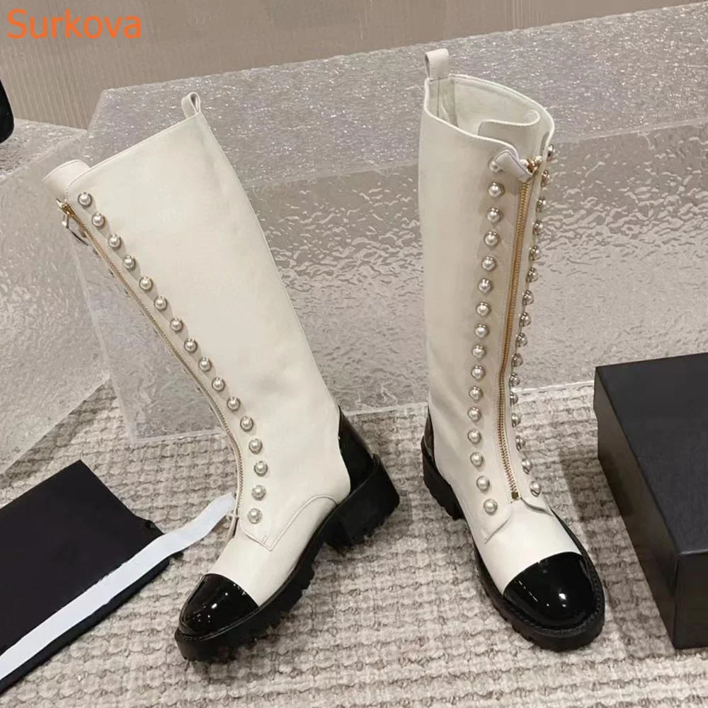 

Pearl Buckle Metal Zipper Women Boots Round Toe Knee High Square Heel Genuine Leather Modern Boots Fashion Casual Women Shoes