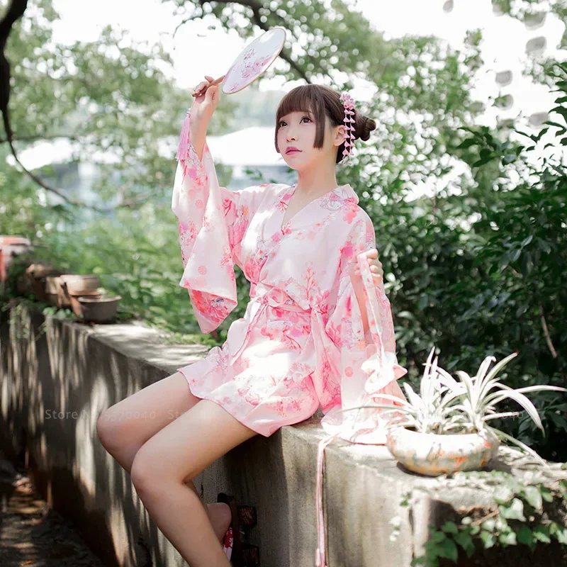 Japanese Kimono Dress Women Sexy Yukata Robe Pajamas Girl Pink Sakura Traditional Costumes Party Exotic Floral Chemises Homewear