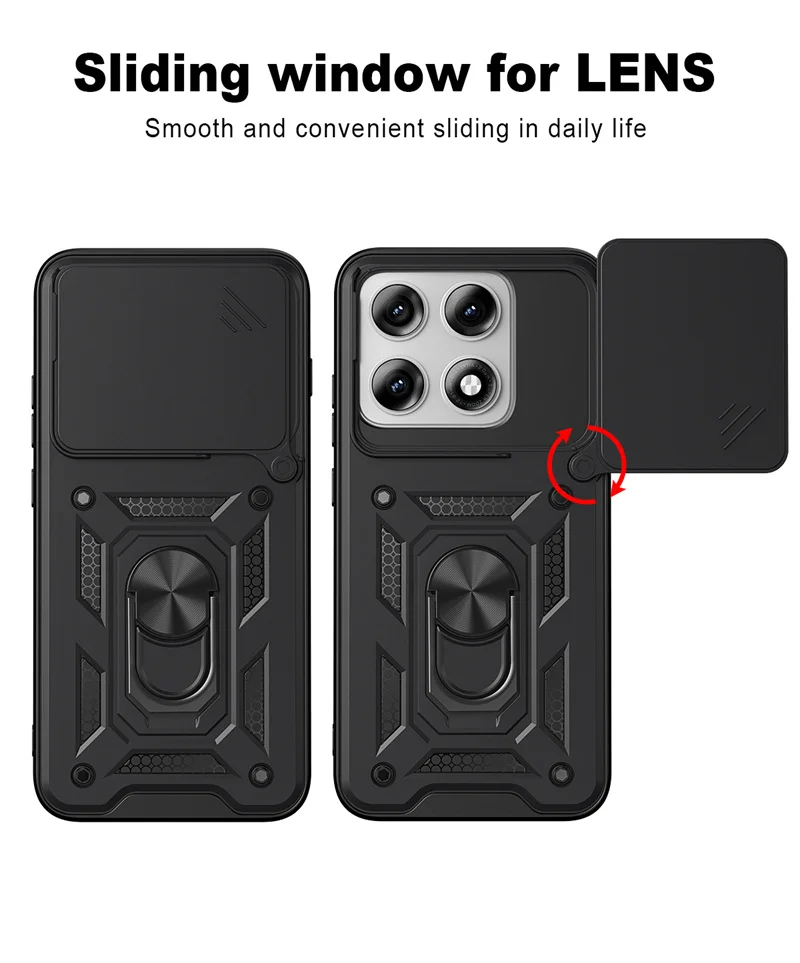 Lens Slide Armor Protection Phone Cover with Car Magnetic Ring Stand