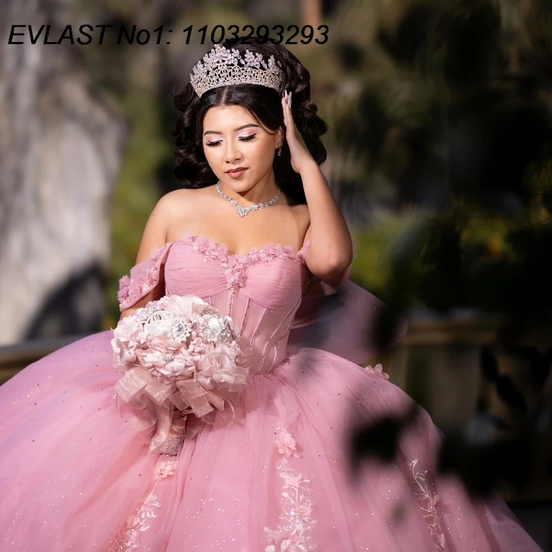 Pink Flowers Ball Gown Quinceanera Dress Applique Beading Bow Corset Sweet 16 E1Q591