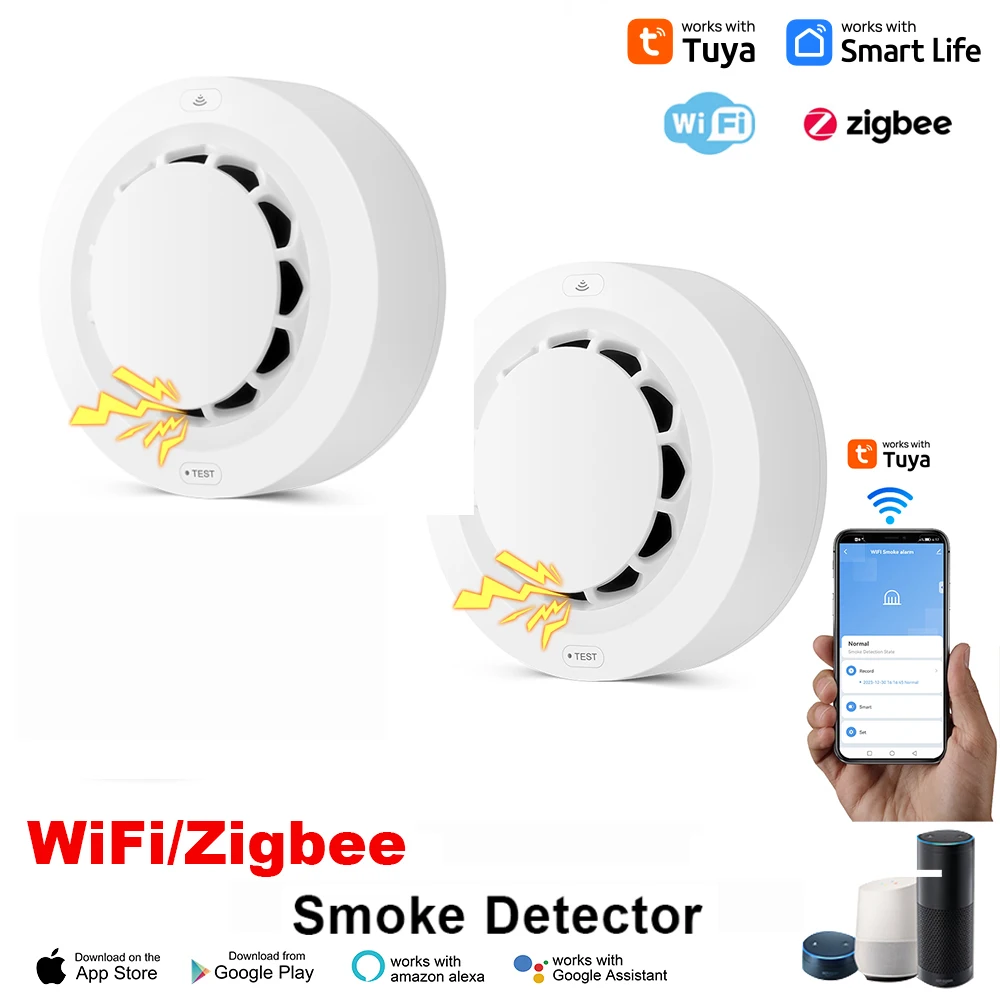 Tuya WiFi/Zigbee เครื่องตรวจจับควัน Photoelectric Sensor Fire Alarm Home Kitchen Security System ทํางานร่วมกับ Smart Life APP 1