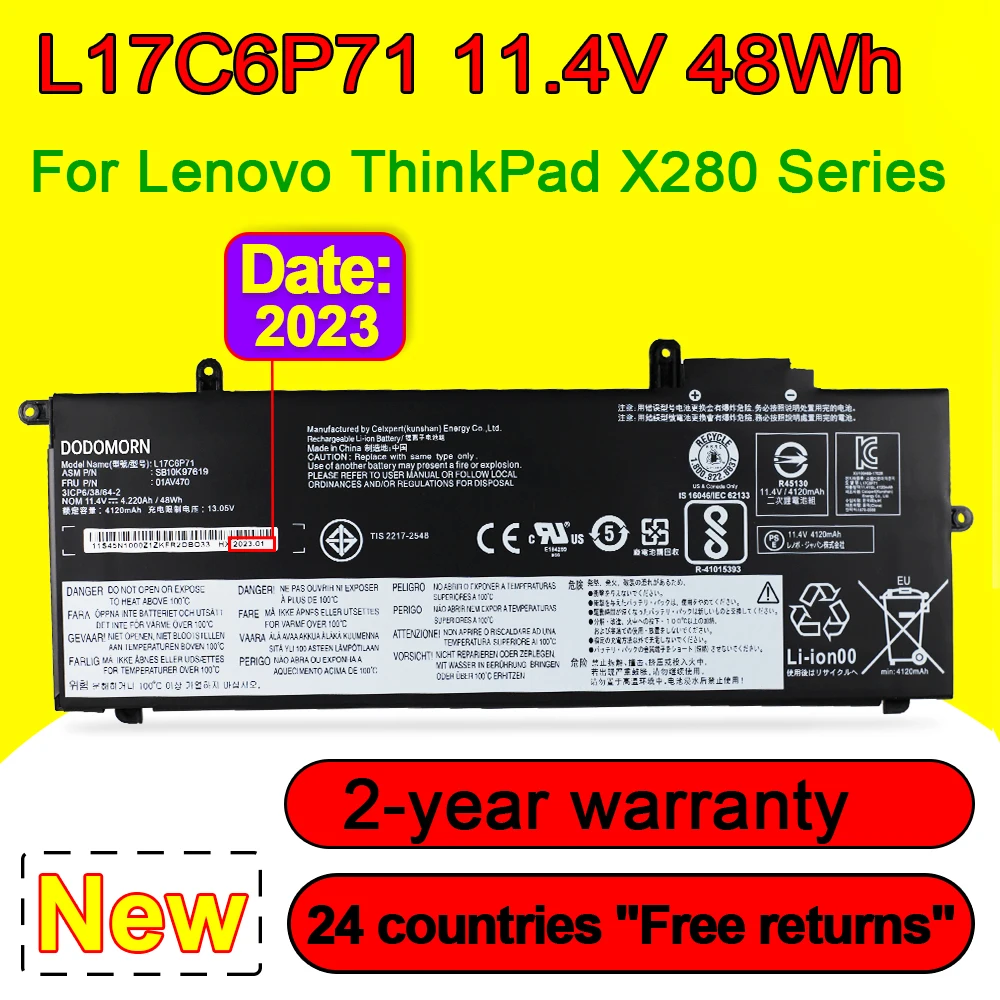 Bateria do Portátil para Lenovo Thinkpad Thinkpad X280 01av470 01av471 01av472 L17m6p71 L17l6p71 L17c6p71 Sb10k97619 48wh 11.4v