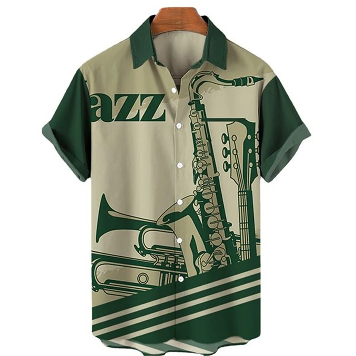 Hawaiian men's short-sleeved shirt dark gold musical instrument print men's lapel casual top loose large size men's shirt