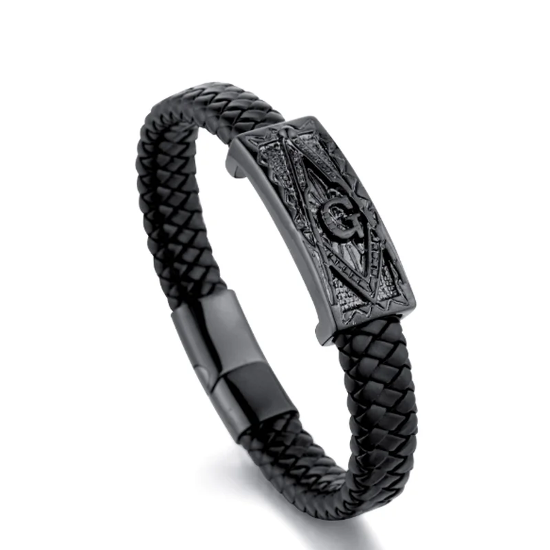 Classic Punk Gold Color Leather Bracelet Masonic Symbol Freemason Bracelet Jewelry bracelet jewelry