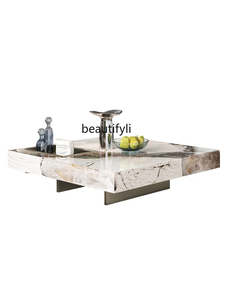 

Italian Minimalist Designer Small Apartment Living Room Home Modern Light Luxury Square Natural Stone Plate Marble Tea Table