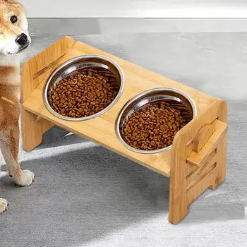 Pet Double Feeding Bowl Tilt Elevated Pet Puppy Feeding Double Dishes Adjustable Height Dog Stainless Steel Bowls With Stand For 4
