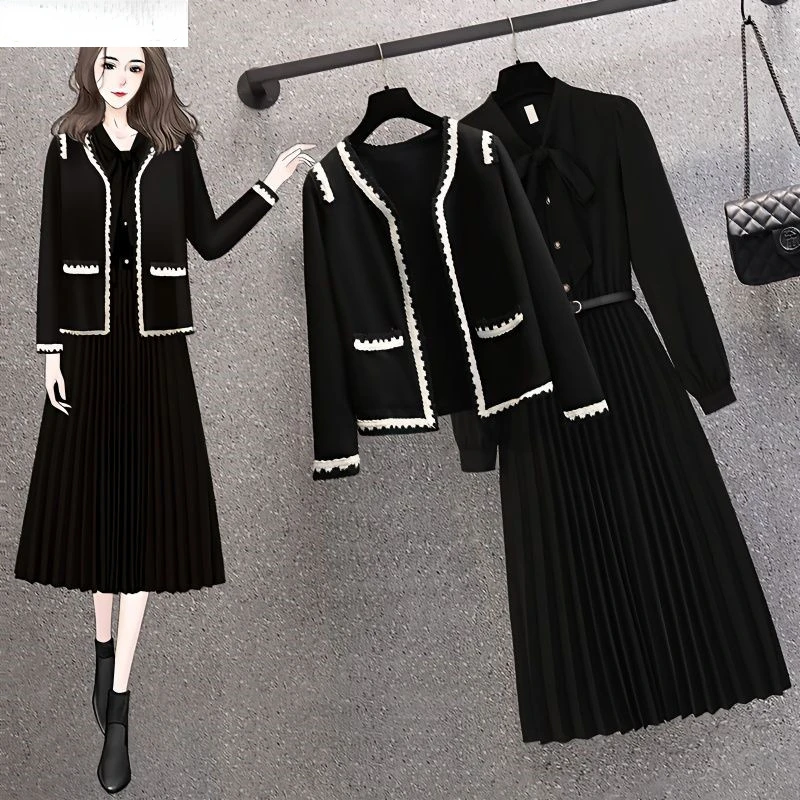 

Fashion Spring Autumn Season Set Women's New Age Reducing Temperament Small Fragrance Knitted Cardigan Dress Two Piece Set N284