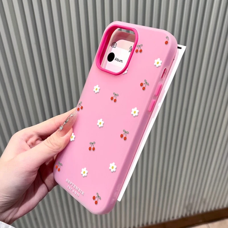 Flower Cherry Pattern Soft Matte Candy Color Phone Case