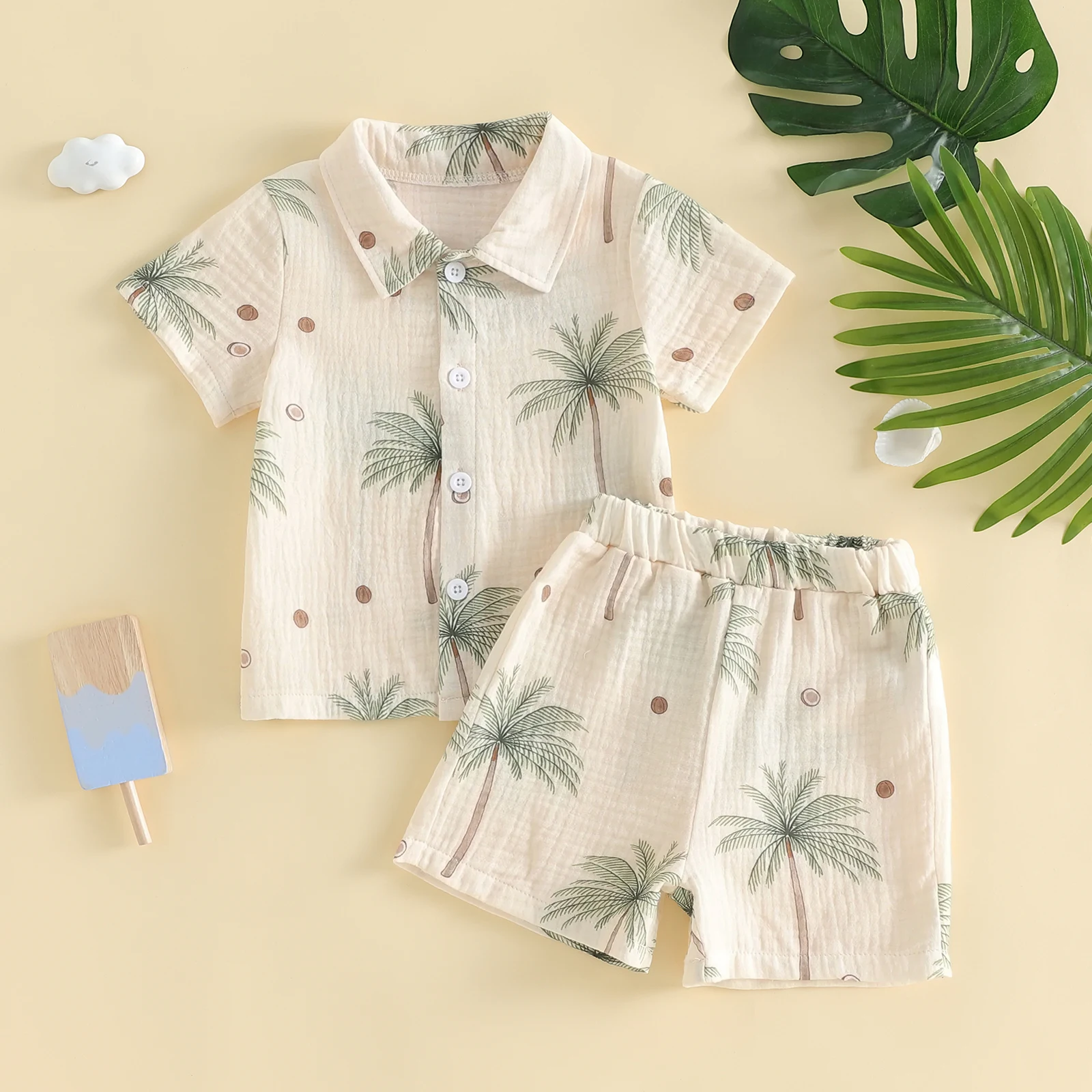 Sommer-Outfit für Kleinkinder, Dinosaurier-/Blatt-/Kokosnussbaum-Druck, Hemd mit Knopfleiste, Kragen, kurzen Ärmeln und Shorts, 2-teiliges Set