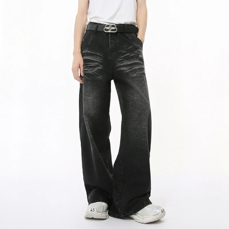 IEFB High Street Men's Jeans Casual Washed Whiskers Solid Color Loose Trendy Straight Wide Leg Male Denim Pants Autumn 9C7862 2