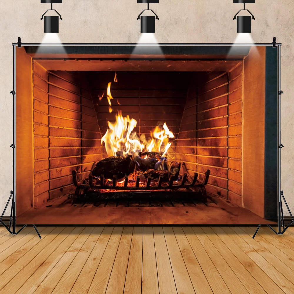 Photo Backdrop Laeacco Brick Wall Fireplace Wood Fire Burning Flame
