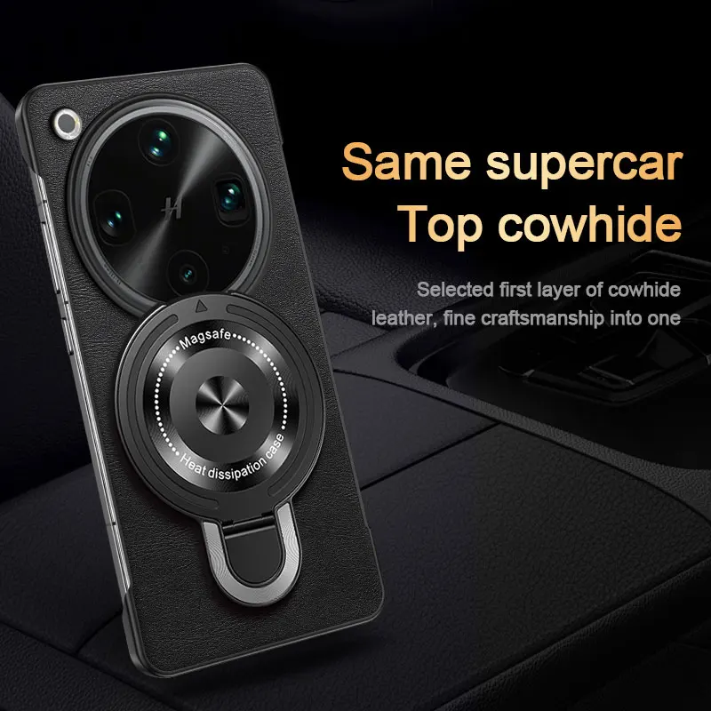 Magnetic Wireless Charging Shockproof Leather Case with Holder - Frameless Hard Shell