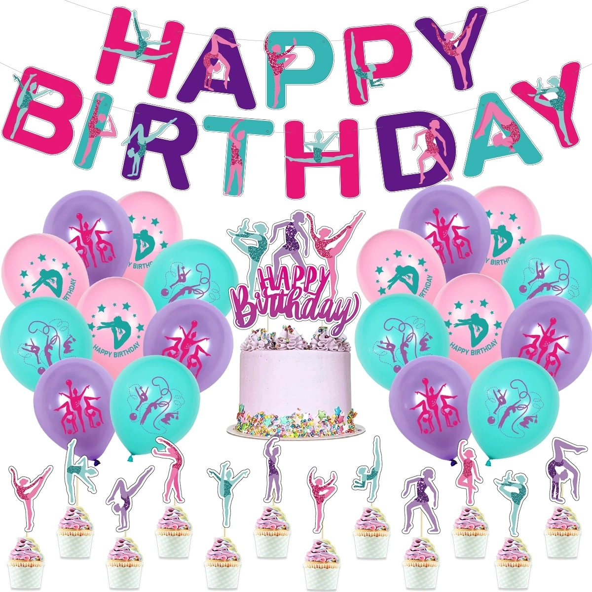 

Gymnastics Theme Birthday Party Decorations Girl Gymnast Balloons Happy Birthday Banner Cake Toppers Aerobics Birthday Supplies
