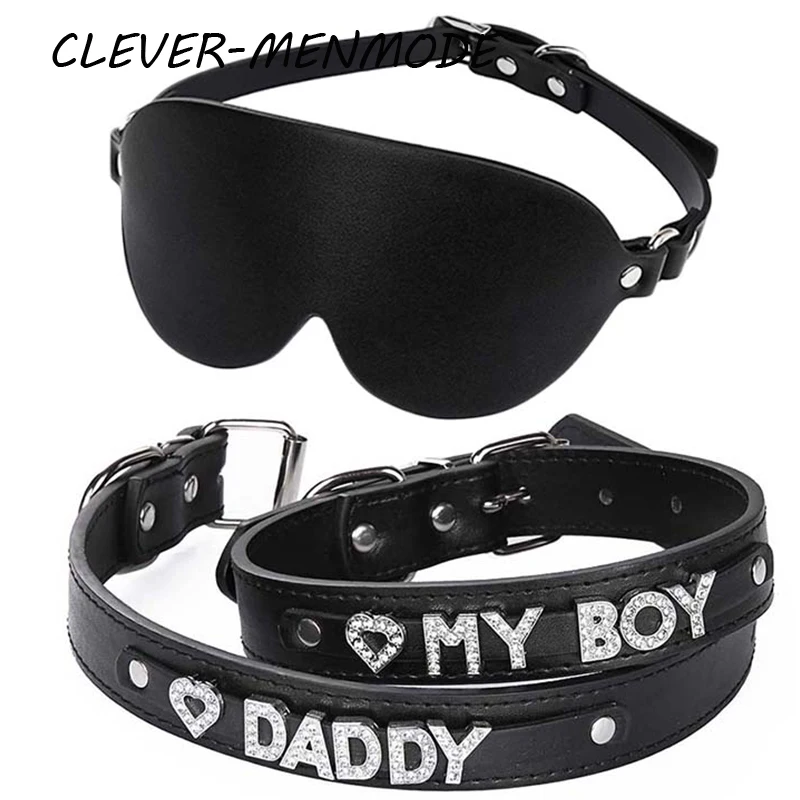CLEVER-MENMODE BDSM PU Eye Mask Necklace Set Flirt Erotic Adjustable Eye Patch Meng Accessories Faux Leather Bondage Props