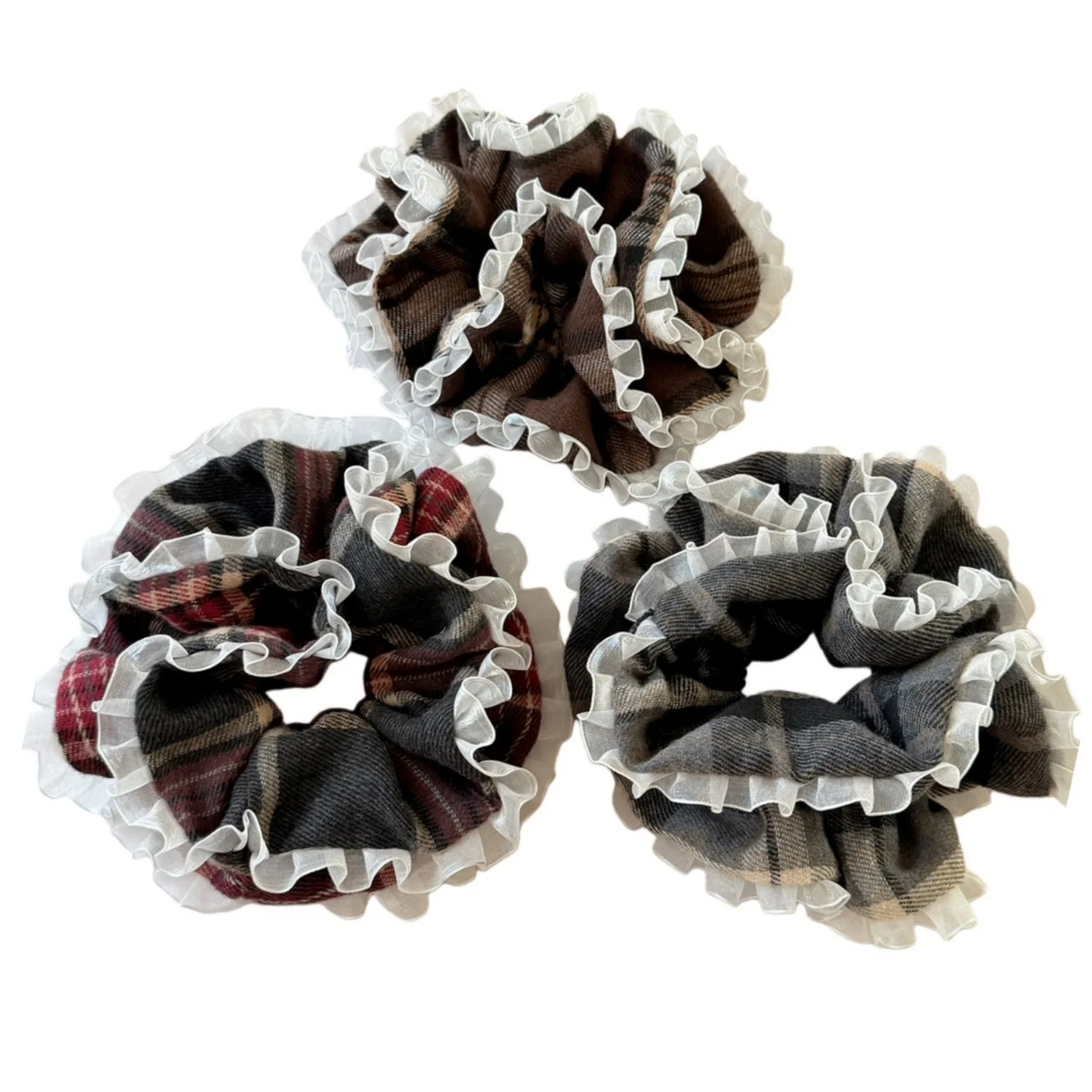 1PC Academy Style Plaid Ruffle Scrunchie,Checkered Lace Hair Ties,Stylish School Outfit Hair Accessories,Elegant Daily