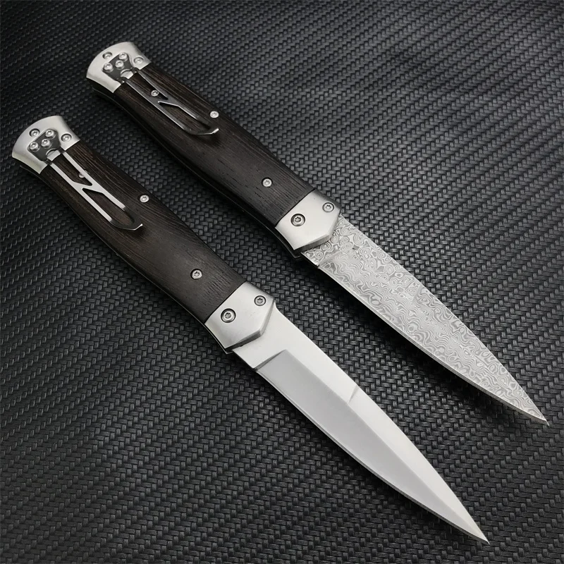 

Damascus Steel Pocket Folding AUTO Knife Wood Handle Outdoor Tactical Hunting Camping Fishing Survival Knives EDC Tool With Clip
