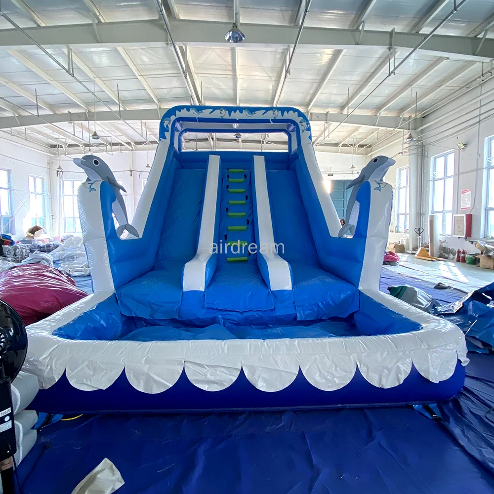 Free air shipping Giant blue Inflatable double Water Slide Dolphin Pool Slide Inflatable bounce house With Pool For Adult kids 2