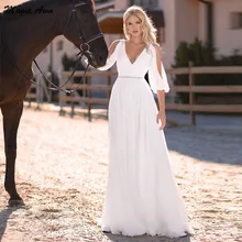 

Magic Awn Chiffon Boho Wedding Dresses 2022 V-Neck Sequins Beaded White Country Bridal Gowns With Sleeves A-Line Robes De Mariee